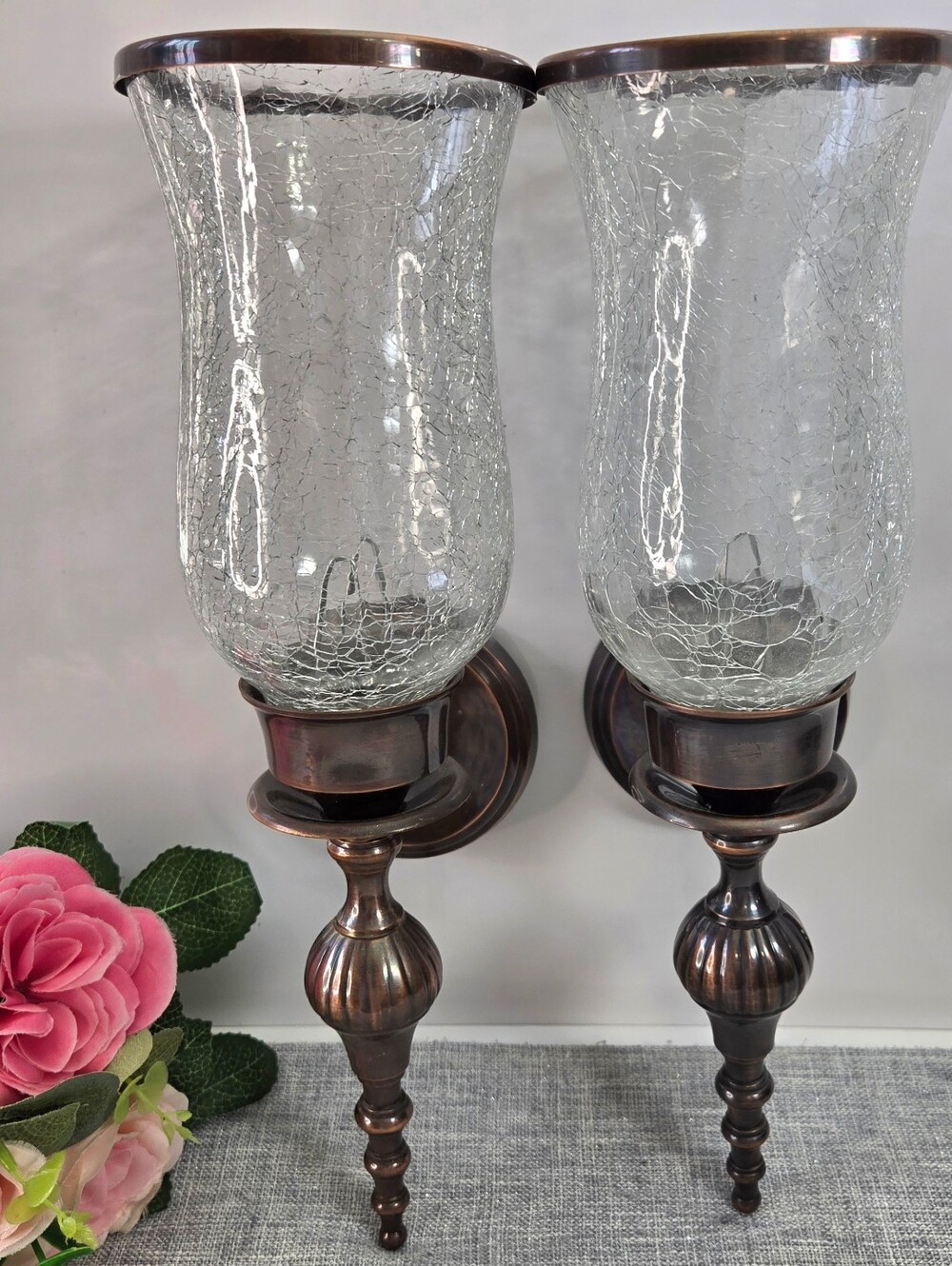 Vintage Copper Bronze Candle Wall Sconces Crackle Glass Hurricane Pair 12" India
